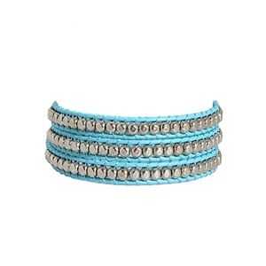 Hammered Silver 3 Wrap Bracelet Teal Leather NWT